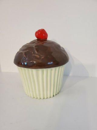 Cupcake Cookie Jar Cherry & Chocolate Ceramic Vtg 70’s Es Molds.  Very Good