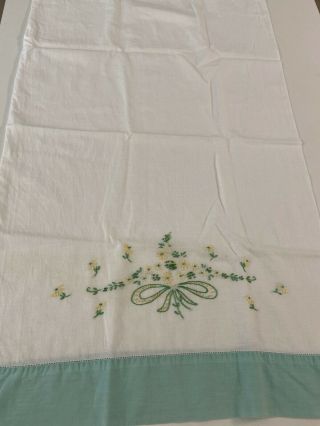 Vintage Single Pillowcase Hand Embroidered Green & Yellow Floral