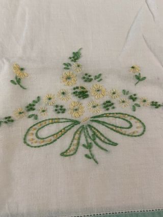 Vintage Single Pillowcase Hand Embroidered Green & Yellow Floral 2