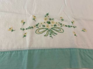 Vintage Single Pillowcase Hand Embroidered Green & Yellow Floral 3