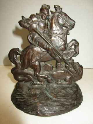 One Antique Bronze St.  George And The Dragon Bookend Acorn No.  606 Doorstop 1925