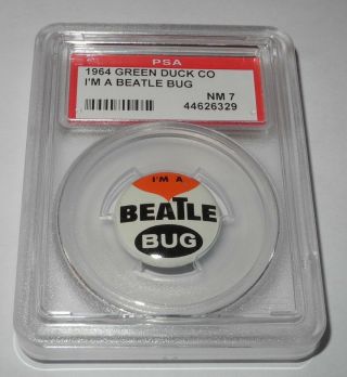 1964 Green Duck Beatles Music Fan Club Pin Coin Pinback I Am A Beatle Bug Psa 7