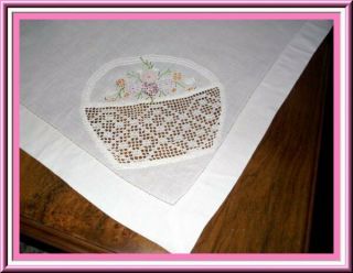 Vintage Hand Embroidered White Linen Tablecloth With Lace Insertions -