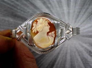 Vintage Antique Shell Cameo Bracelet Sterling Silver Wire Wrapped Size 5 To 9