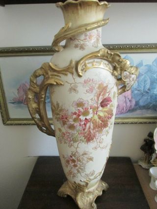 Huge Antique Royal Bonn Germany Hand Painted Porcelain Vase Flowers Gold 22 "