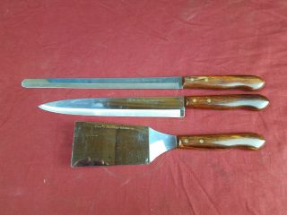 3 Vintage Veri Sharp Stainless Steel Knifes Spatula.  Imperial Usa Wood Handle