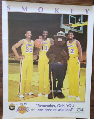Vintage Poster 1985 Los Angeles Lakers Smokey Bear Fire Prevention Magic Johnson