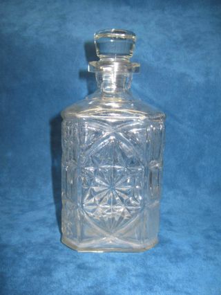 Vintage Pressed Glass Square Bottle,  Bar Liquor Decanter W/ Solid Glass Stopper