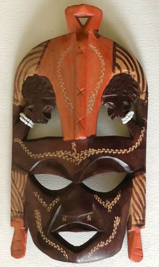 Vintage Hand Carved African Wood Tribal Face Mask Heads Bead Necklace Wall Art