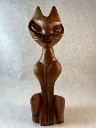Vintage Mid Century Modern Carved Wood Cat Sculpture 6 1/2 " From Philippines?