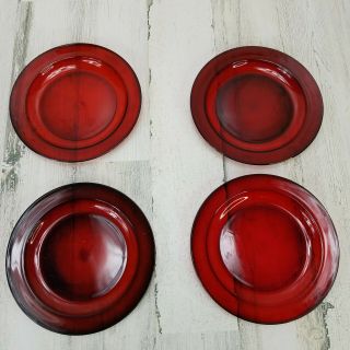 4 Vintage Arcoroc Ruby Red Glass Salad Luncheon Plates 7 - 3/8 Diameter France