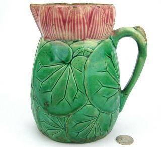 Antique Vintage Majolica Pitcher Jug Water Lily Nymphaea Pad Waterlily Pink