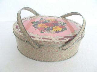 Vintage Tin Handled Sewing Basket With Contents - Jar Full Of Buttons - Scissors