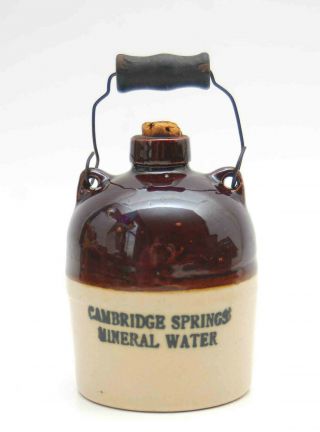 Antique Cambridge Springs Mineral Water Stoneware Jug Crock Wood Handle