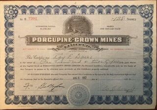 Vintage Mining Company Stock Certificate - Porcupine - Crown Mines Ltd 1937