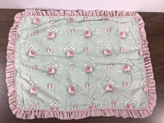 Vintage Laura Ashley Standard Pillow Sham Green Pink Roses Plaid Ruffles