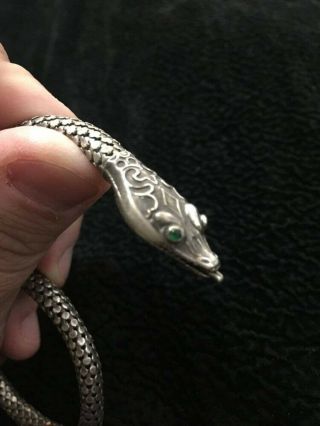Antique Victorian Sterling Silver Snake Bracelet With Emerald Eyes