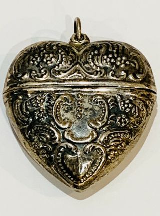 Antique Victorian Sterling Silver Repousse Large Heart Hinged Locket Pendant