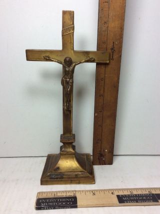 Antique Vtg Stand - Up Cross Crucifix Statue Brass W Ornate Jesus Christ 9.  5 " Tall