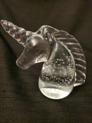 Vtg Clear Controlled Bubble Glass Paperweight Figurine Unicorn 4 1/8 " H