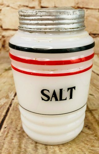 Vtg Milk Glass Hosier Salt Container Jar White /w Red Black Stripes Metal Top
