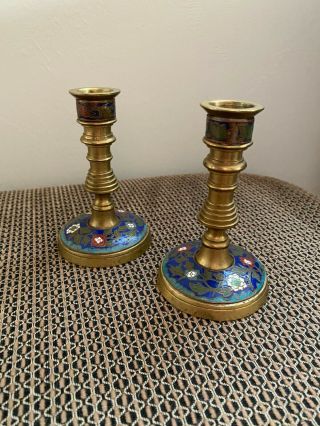 Set Of Two Vintage Solid Brass Candlestick Holder - Painted Floral Design