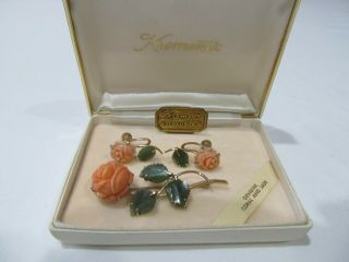 Vintage Krementz 14k Gold Overlay Metal Jade & Coral Rose Brooch & Earring W/box