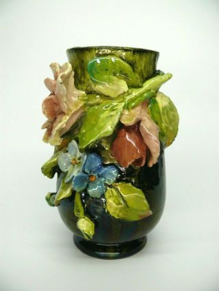 Antique 1880s Standard Glaze American Art Pottery Vase Applied Flowers Barbotine 3