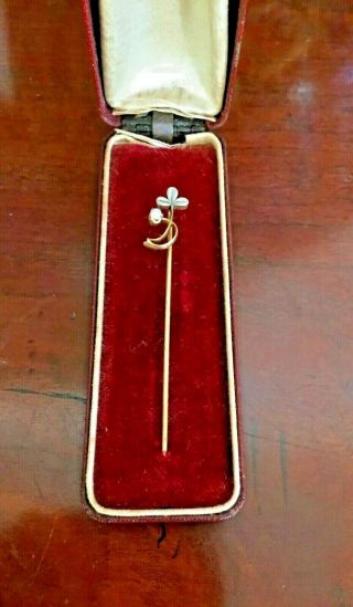 Antique 18k Gold Stick Pin Seed Pearl Clover Leaf Full Lion Victorian Cartouche