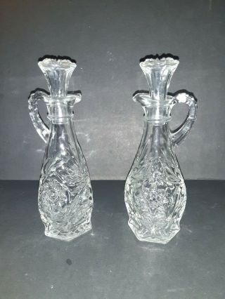 Vintage Glass Starburst Pattern Oil And Vinegar Cruets With Stoppers Set Of 2