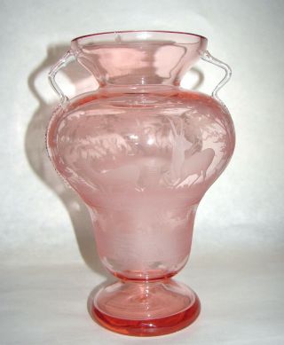 Antique Bohemian Hand Blown Pink Glass Handled Vase Engraved Deer 8 1/4 "