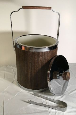 Vintage 1960’s Kromex Ice Bucket W/lid And Tongs Faux Wood Brown