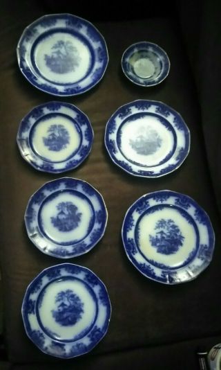 Antique Vintage Set Of 7 Flow Blue Amoy Plates 5 ",  7 1/4 ",  8 1/4 " And 9 1/4 "