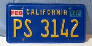 Vintage 1981 California License Plate Ps 3142 Feb Car/truck Man Cave Decor