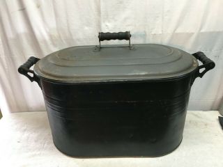 Antique Primitive Copper Painted Boiler Wash Tub Pot With Lid Wood Handles