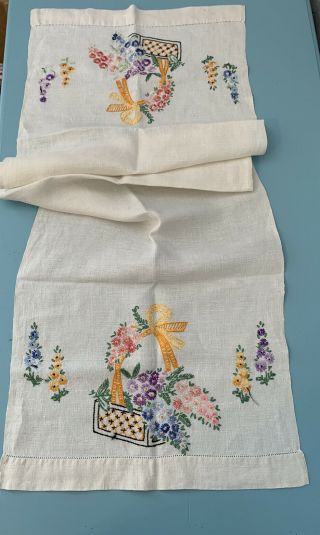 Vintage Linen Dresser Scarf Tablerunner Embroidered Floral Squared Edge 15 " X43 "