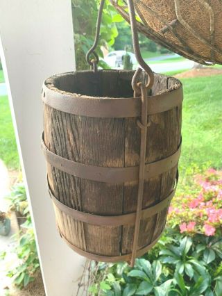 Antique Primitive Oak Stave Wood And Banded Iron Water Well Bucket Pail,