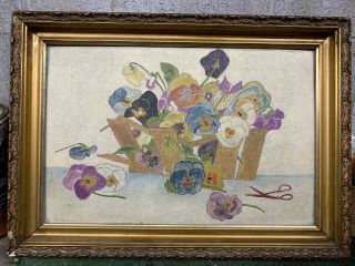 Antique Primitive Style Oil Painting On Board Of Pansies In Gold Frame