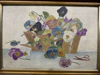 Antique Primitive Style Oil Painting On Board Of Pansies In Gold Frame 2