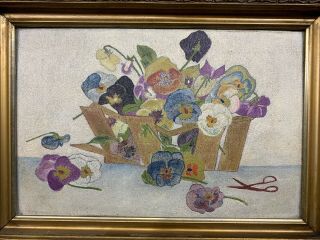 Antique Primitive Style Oil Painting On Board Of Pansies In Gold Frame 3