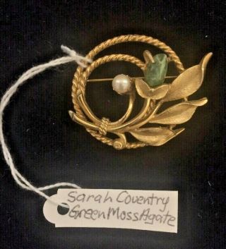 Sarah Coventry Pearl Green Moss Agate Jade Garden 1966 Vintage Pin Brooch