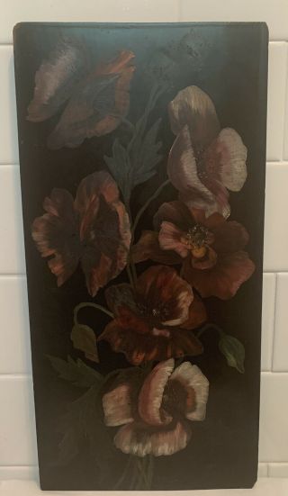 Antique Vintage Victorian Black Lacquer Oil Painting On Wood Poppies 1880s