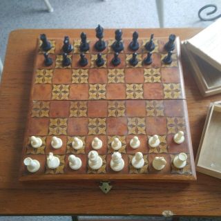 Antique Vintage Bovine Bone Chess Set Marquetry Box Complete Bin Obo Fs