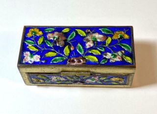 Vintage Chinese Brass & Blue Enamel Trinket Box,  2 Compartments,  Flowers