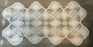 Vintage Hand Crocheted Dresser Scarf Or Runner,  Flower Design,  Cotton,  Off White