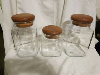 Set Of 3 Vintage Winsome Wood Teak Lid Glass Container Jars Thailand