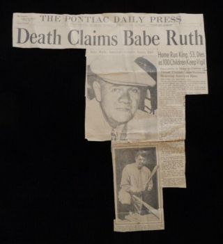 Orig.  8/17/48 Death Claims Babe Ruth Pontiac Daily Press Newspaper Clipping