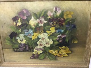 Antique 1890 Era American Still Life Pansies Flowers Oil On Canvas In Old Frame