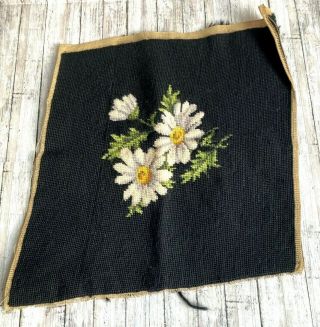 Vtg Completed Needlepoint Embroidery Black W/ White Flowers Approx.  14x14