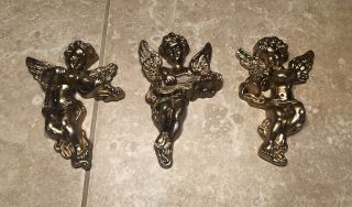 Vintage Brass Cherubs Wall Decor Set Of 3 Metal Angels Music Instrument Figures